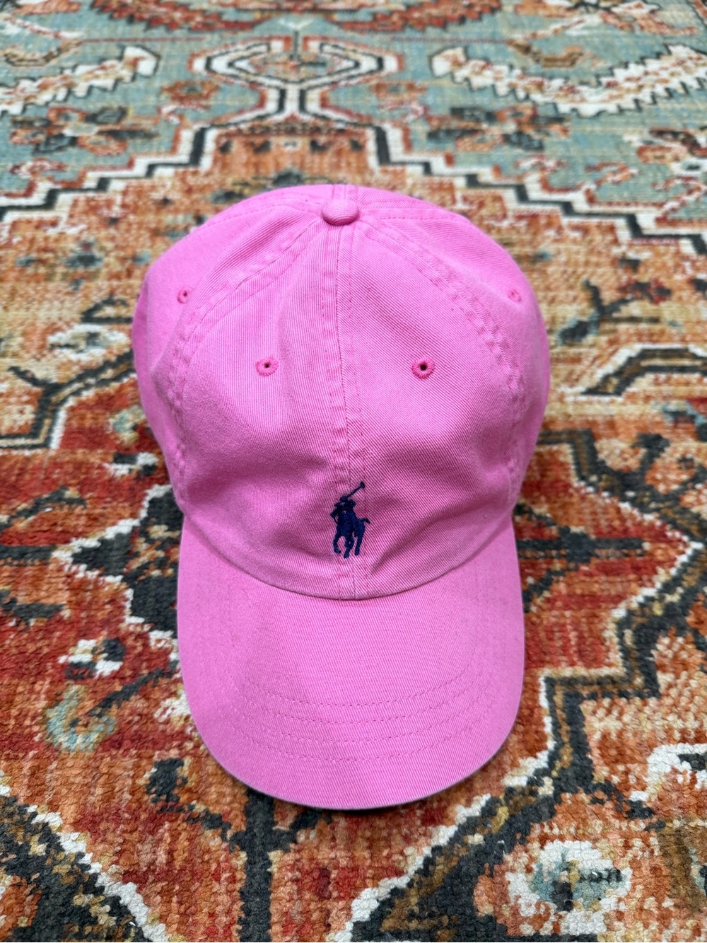 Polo by Ralph Lauren Pink Cotton Baseball Cap with Navy Logo and Leather Strap